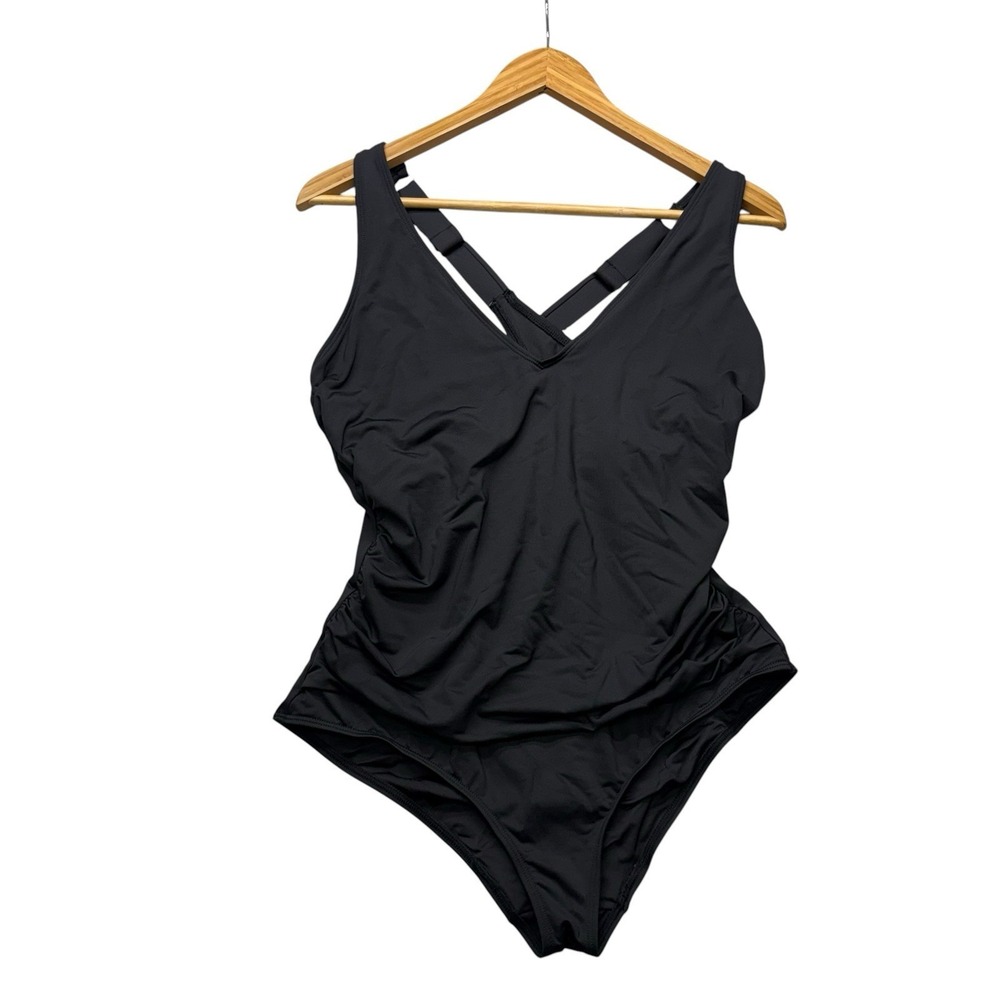Anne Cole Womens Swimsuit 12 Black One Piece Swim Criss Cross Back Ruched